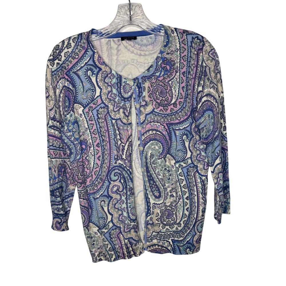 Talbots Paisley Cardigan‎ Sweater Blue Purple Cotton Rayon Button Front Womens S